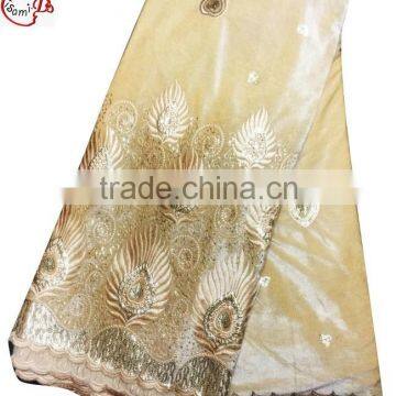 CL2071-2 gold newest style African big embroidered velvet material with sequins or crystal stones softly