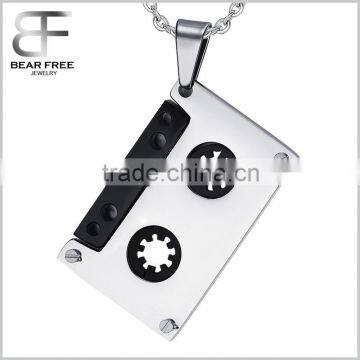 Men's Stainless Steel Silver Black Music Tapes Cassette Pendant Necklace Punk Rock