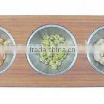 Bamboo snack holder with 3pcs stainless steel bowl