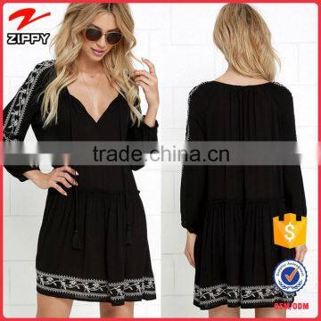 2016 hot selling women summer dress women long sleeves black tunic dress with embroidery                        
                                                Quality Choice