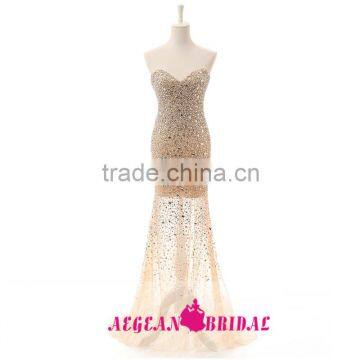 RE02 Luxury Mermaid Sweetheart Neckline Rhinstone Crystal Evening Dress Sheer Evening Gown