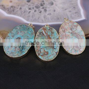 Natural Agate Stone Pendant, Gold Plated edged Oval shape Slab Stone Pendant, Double Flat Ocean Agate Gem stone Pendants