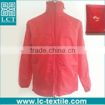 whosale cheap price 190T nylon mech solid red promotional advertising hooded foldable jacket with heat transfer print(LCTN1562)