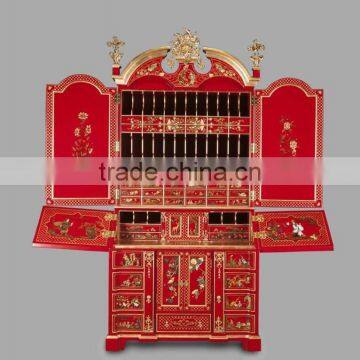 Gold Gilding Wooden Curio Cabinets With Flowers Paint Motif, Hand Painted Red Chinoiserie Secretary Cabinet With Drop Front Desk photo-2