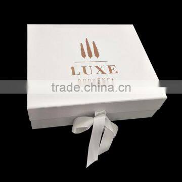 hot foil rose gold logo matte white magnetic closure paper folding gift packaging box with ribbon