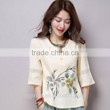 The chinese style hanfu cotton blouse restoring ancient ways 3/4sleeve landscape painting print shirts for women