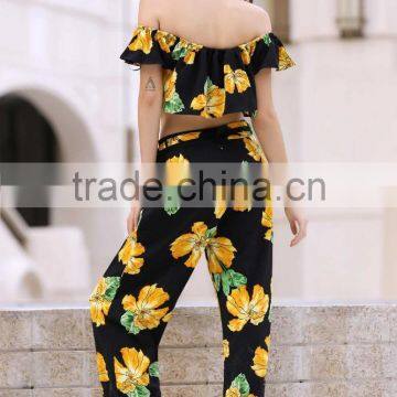 Floral Printed Cold Shoulder Ruffle Crop Top and Palazzo Pants Two Piece Sets photo-2