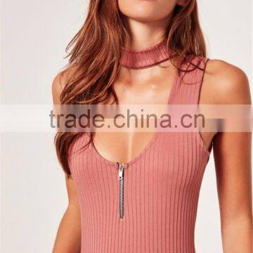 MGOO Elegant 95% Cotton 5% Spandex Bodysuits Ribbed Choker Neck Pink Tops Sleeveless Zip Up Tops photo-3