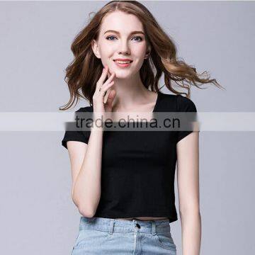 2017 round neck short sleeve blank plain ladies cropped t shirt