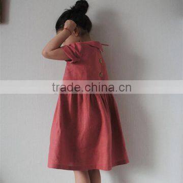 Pink Coral Wholesale Clothing Linen Dress Peter Pan Collar Child Clothes photo-4
