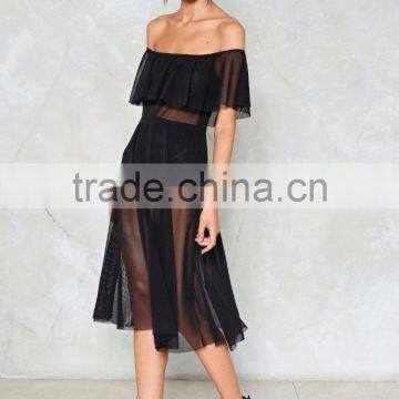 Wholesale Oem Custom Fashion Women Black Mesh off Shoulder Maxi Dress photo-2