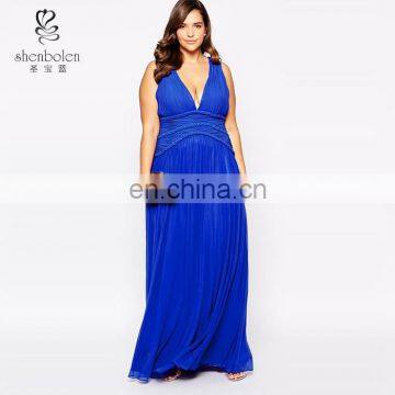 Sexy Nighty Dress Picture, Blue Plunge Neck Maxi Dress