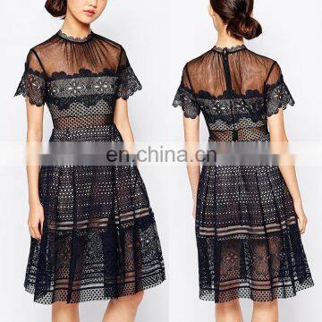 OEM Wholesale China Supplier See Through Short Sleeve High Collar Felicia Mesh Embroidered Midi Casual Dress