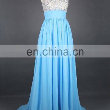 New Arrival Evening Gown Chiffon Beaded See Through Nude Back High Neck Key Hole Open Back Light Blue Formal Long Evening Dress