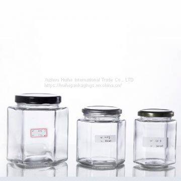 hexagonal glass honey jars with metal screw cap