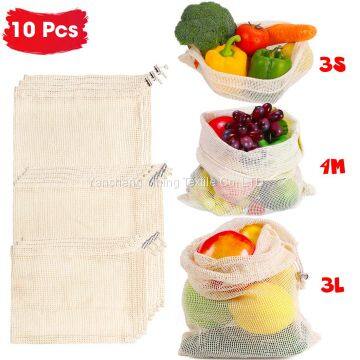 Reusable Produce Bags - 100% Organic Cotton Mesh Bags - Eco-Friendly, Bio-degradable, Lightweight, Washable, Durable Bags Set of 10-3 Sizes Storage Grocery Shopping 3 Small/4 Medium/3 Large