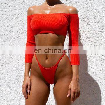 Ribbed bikinis 2019 Mujer swimsuit female Off shoulder bathing suit Sexy thong bikini set Long sleeve swimwear Women beach wear