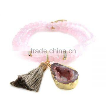 2016 new rose quartz beaded wrap bracelet with tassel druzy charm bracelet for girl