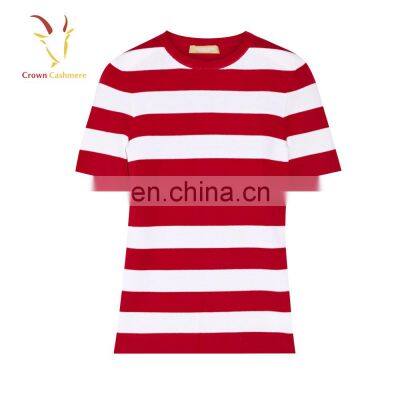 Ladies Red and White Striped Short Sleeve Pure Cashmere Sweater photo-5