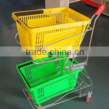 double layer supermarket cart with 2 plastic basket