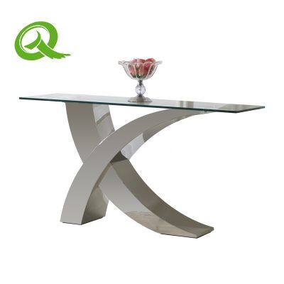 Wedding Party Events Furniture Silver Stainless Steel Clear Glass Top Console Table