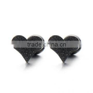 Pair Black Satin Heart Stud Earrings Stainless Steel, Screw Back