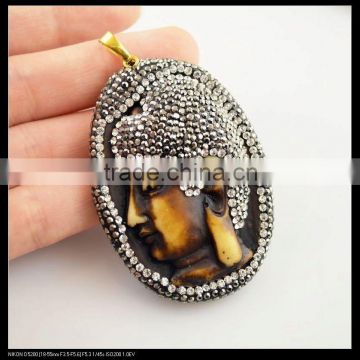 LFD-0090P ~ Wholesale Brown Ox Bone Buddha Head Oval Pendant Crystal Rhinestone Paved Charms Pendants Jewelry Finding