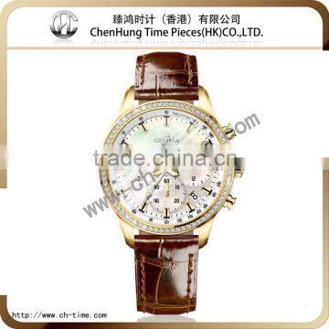 Branded genuine leather band diamond dials for mechanical wrist watches for couple plated gold china factory