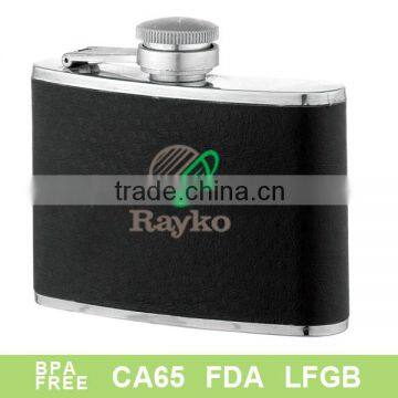 classical single wall stainless steel hip flask with black PU lether