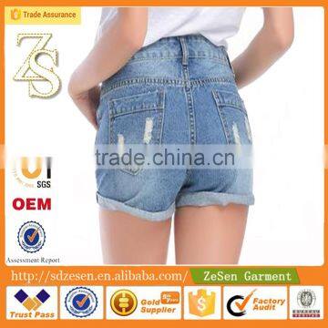Hot Sale Women Apparel Europe Importer Customized Light Blue Ripped Folding Hem Shorts Jeans photo-2