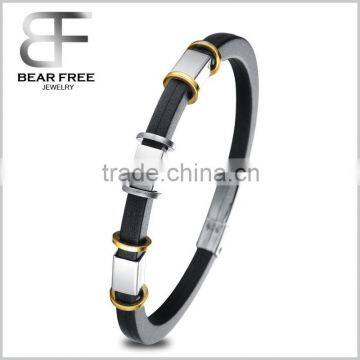 Black genuine silicone Bracelet Gold Sliver Mens Bangle Stainless Steel Clasp