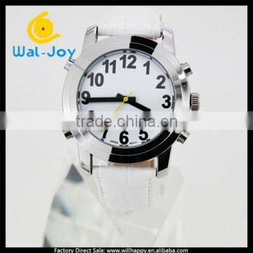 WJ-3546 2015 vogue low vision genuine leather logo custom talking wrist watch