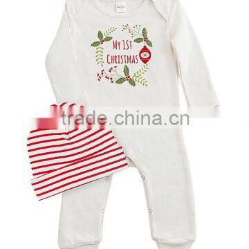 2016 Newest Christmas Ivory Cotton Infant Playsuit Printed Toddler Rompers With Red Stripe Beanie Kids Clothing G-NPCS90628-1