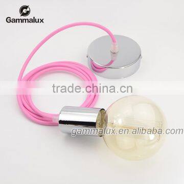 Modern Lighting Set. Pink Fabric Cable. Chrome Edison Smooth Plastic Lamp Holder. Ceiling Rose