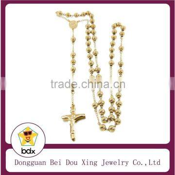 Religious Gold Plated Stainless Steel Cross Pendant Prayer Necklace Jesus Christ Crucifix Cross Vintage 6MM Rosary Beads Chain