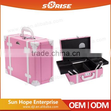 Pink Handle Lockable Pvc Leather Beauty Box with Mirror Makeup Vanity Case Wholesale