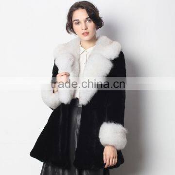 Women Winter Black Rex Rabbit Fur Jacket with Fox Fur Collar and Cuff from China Manufacture