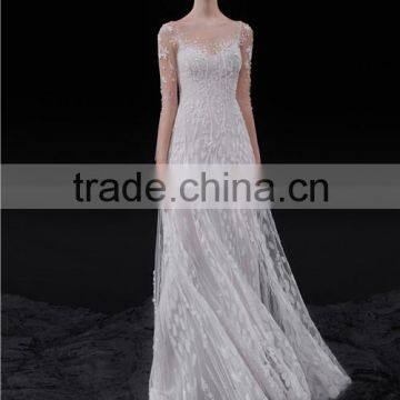 AR-59 Simple Generous Long Lace Sleeves Bride Dress O-Neck A-Line White Tulle Wedding Dress 2016