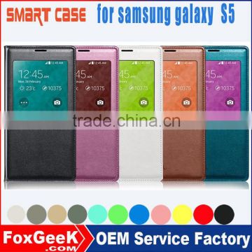 Wholesale cell phone leather case for Samsung galaxy S5 with smart cover sleep/wake function