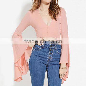 Custom top trumpet sleeves slim fit deep V plain crop top for women