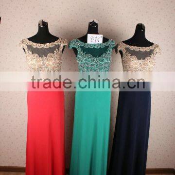 Sexy Elegant High Tall Beaded Cap Sleeve Navy Blue Long Evening Dress China photo-5