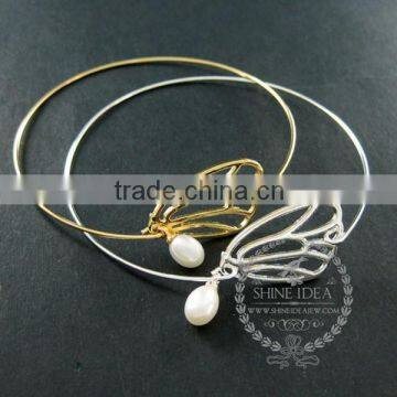 65mm diameter one end open 14K light gold,silver butterfly wing fresh water pearl charm wiring fashion bangle bracelet 6490056