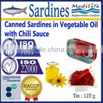 Canned Sardines in Vegetable Oil with Chili Sauce , High Quality Sardines, Sardines in cans with Chili Sauce 125g