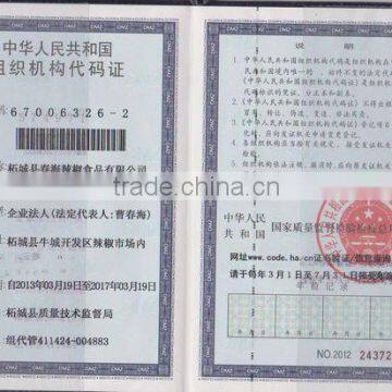 Organization code certificate of the People's 