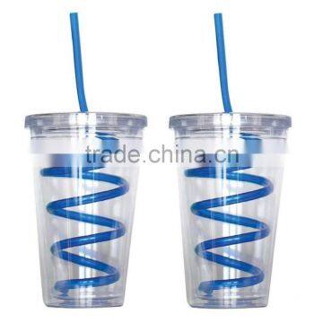 Single Wall Insulated Plastic Drink Cup Glass w Curly Crazy Straw Travel Tumbler photo-5