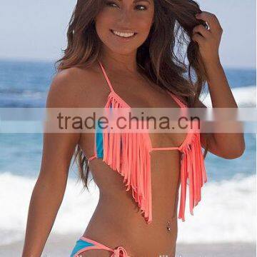 Aqua Salmon Triangle Fringe Modern Fit Single Rise Scrunch Bikini