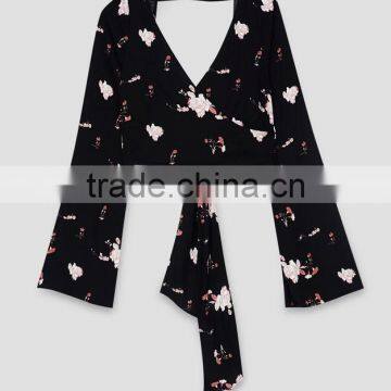 Sexy women black bell sleeves crossed tops
