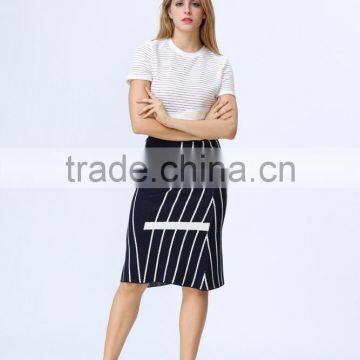 2016 New Arrival White & Black Stripe Knited Crop and Skirt Co-ord Set