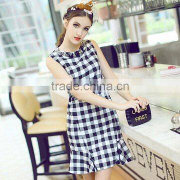 Women fashion white and black plaid beaded round neck sleeveless slim fitted ruffled bottom sun dress