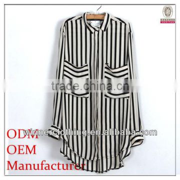 Top hot sell factorty directly price ladies' short front long back striped new model blouse with big pockets